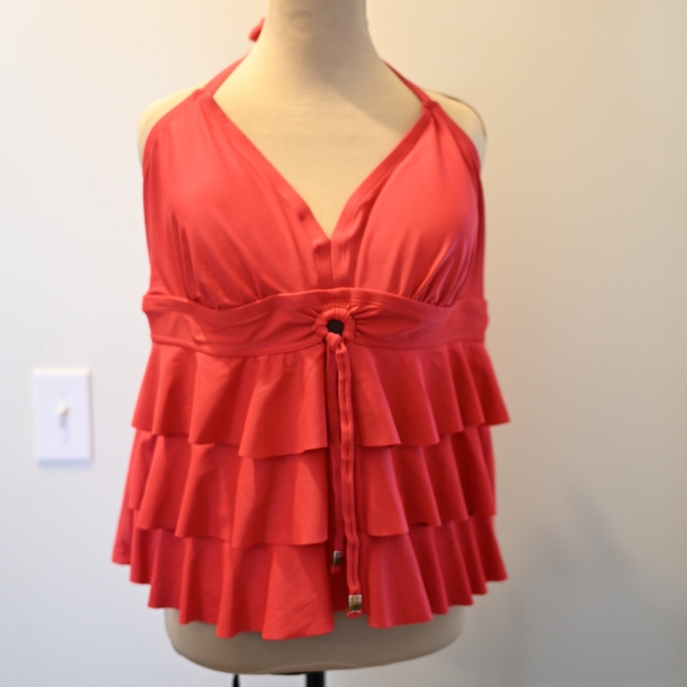 Catalina Hot Pink Tiered Halter Ruffle Vneck Tankini Sewn In Cups XL 16W